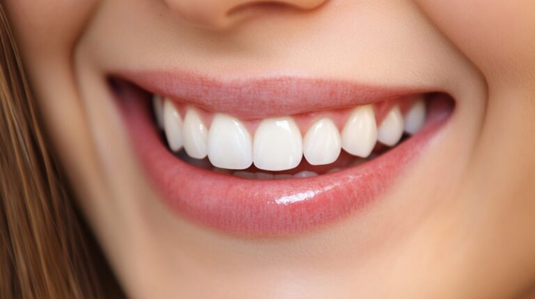 Close-up of a person smiling with clean, white teeth and healthy gums